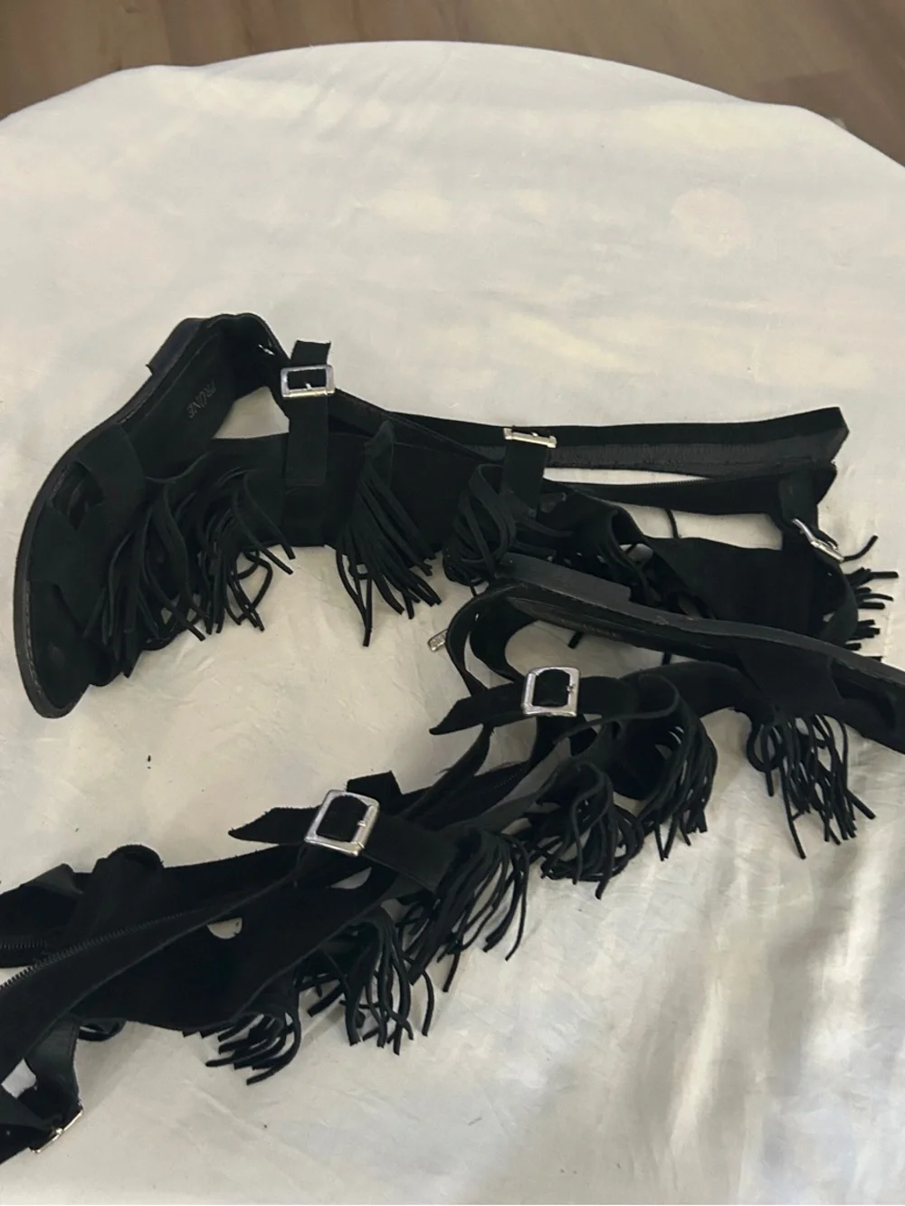 Prune Black Fringe Gladiator Sandals with Buckle Straps